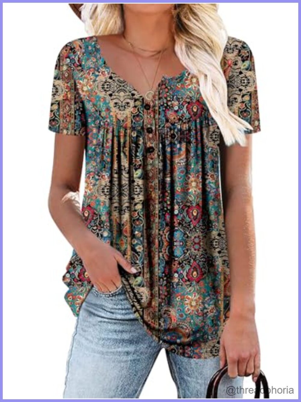 Women's Flowy Pleated Button Front Henley Tunic Blouse Short Sleeve